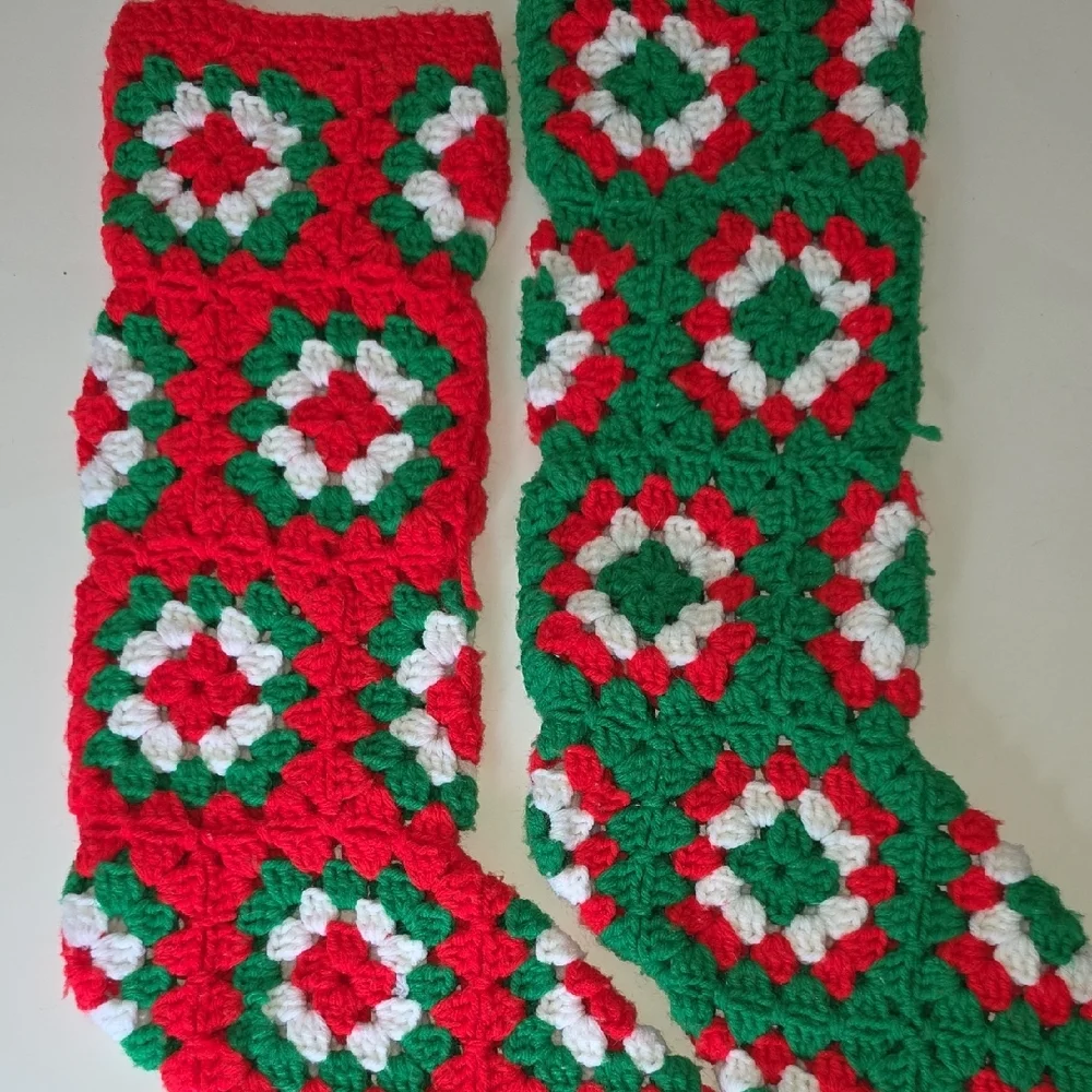 Handmade Vintage Crochet Granny Square Christmas Stockings Red Green Pair Retro